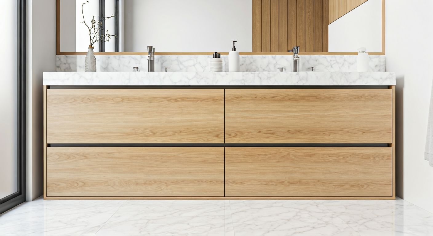 роскошная ванная с тумбой скрывающей трубы