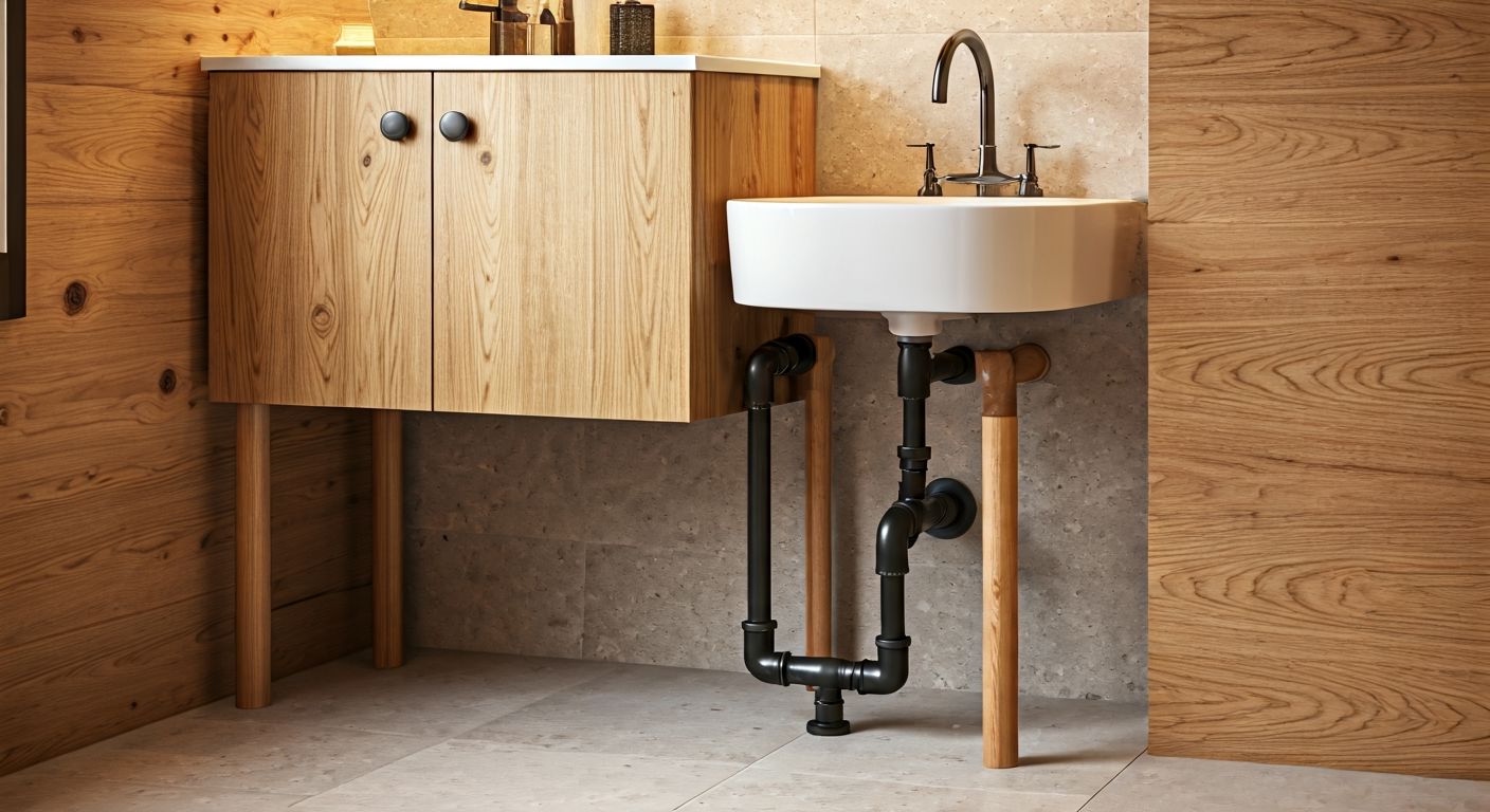 деревянная ванная с тумбой скрывающей трубы