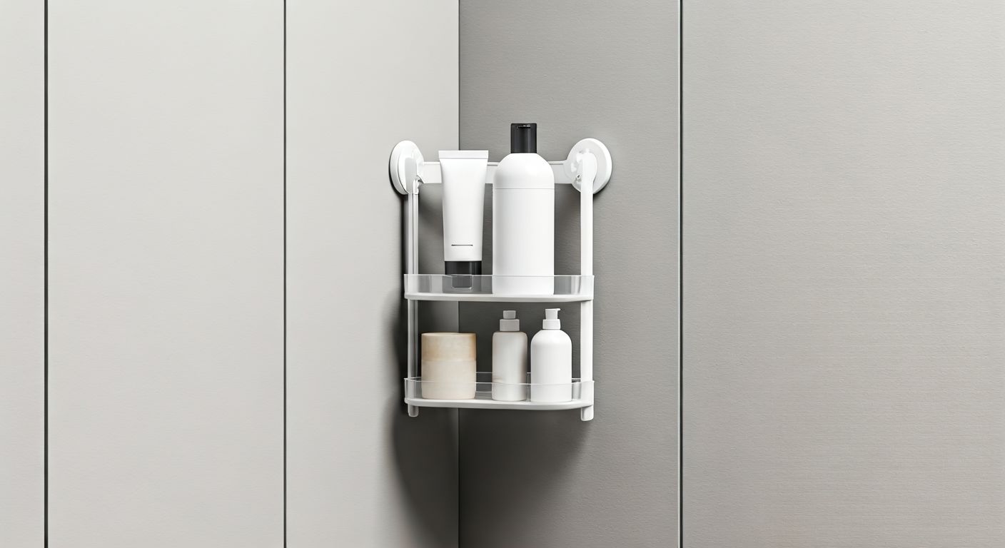 Угловой пластиковый стеллаж в маленькой ванной