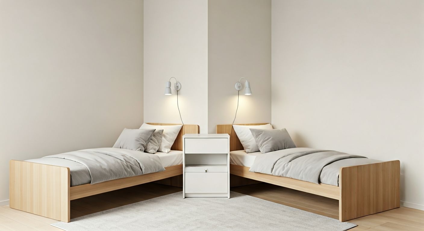 Угловая расстановка двух кроватей в детской