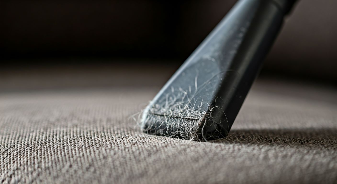 Пылесос очищает тканевый диван от грязи