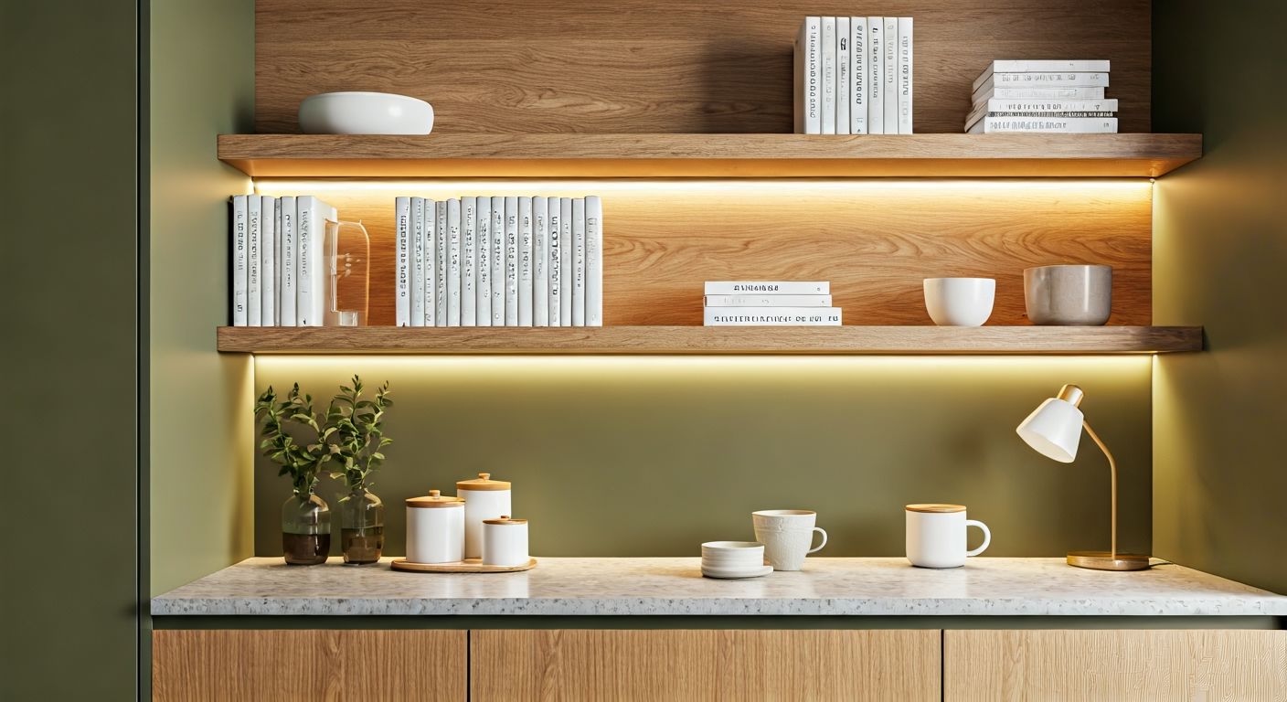 Украшенный уголок на кухне с полкой