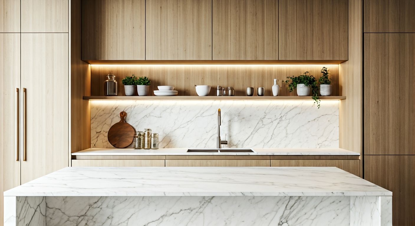 Роскошный интерьер кухни с мраморным островом