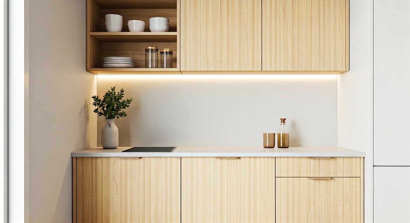 Уютная маленькая кухня с открытыми полками