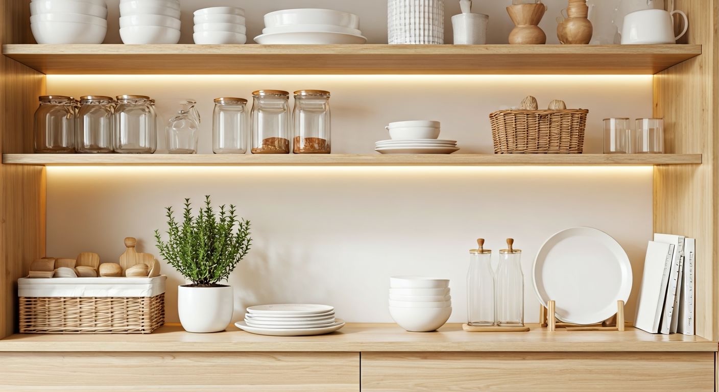 Декор открытых полок с посудой