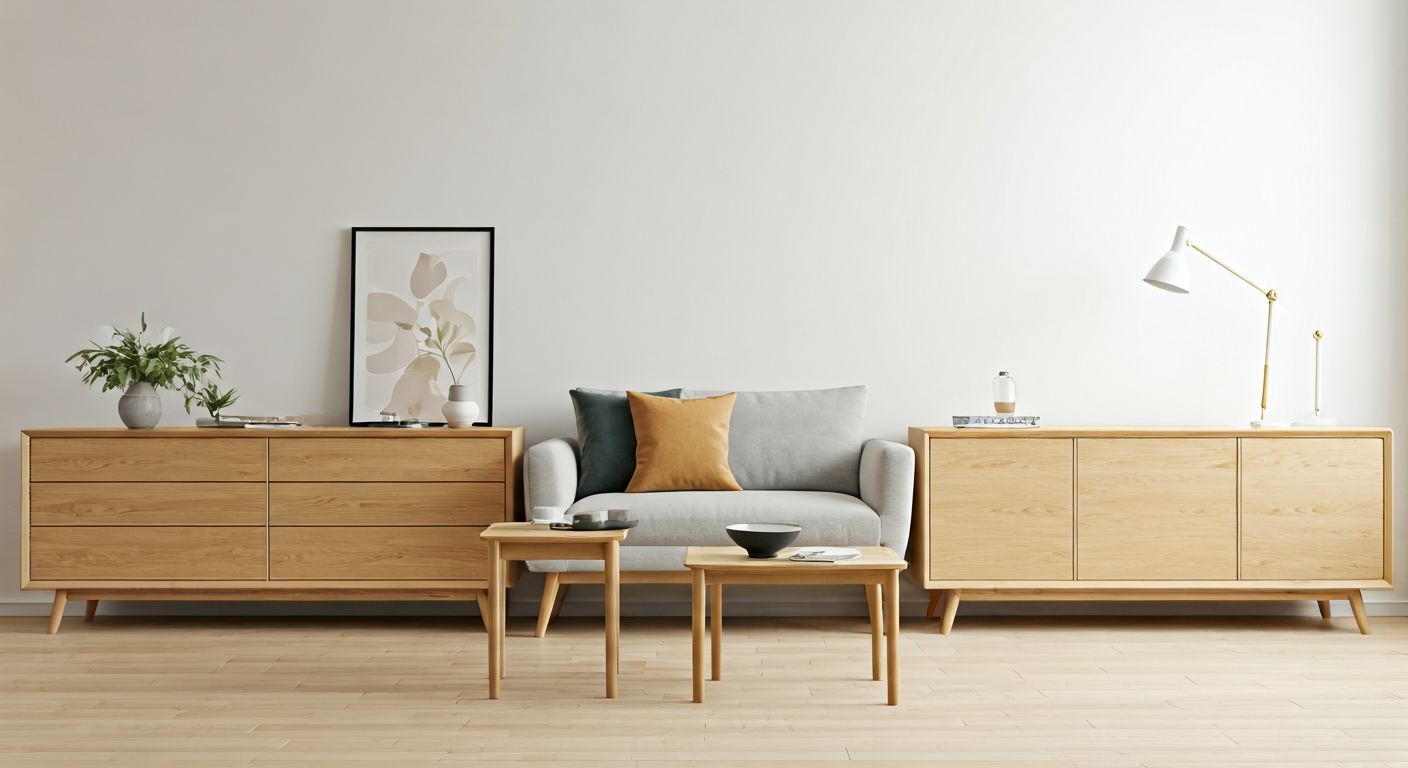 Скандинавская небольшая гостиная с натуральной мебелью