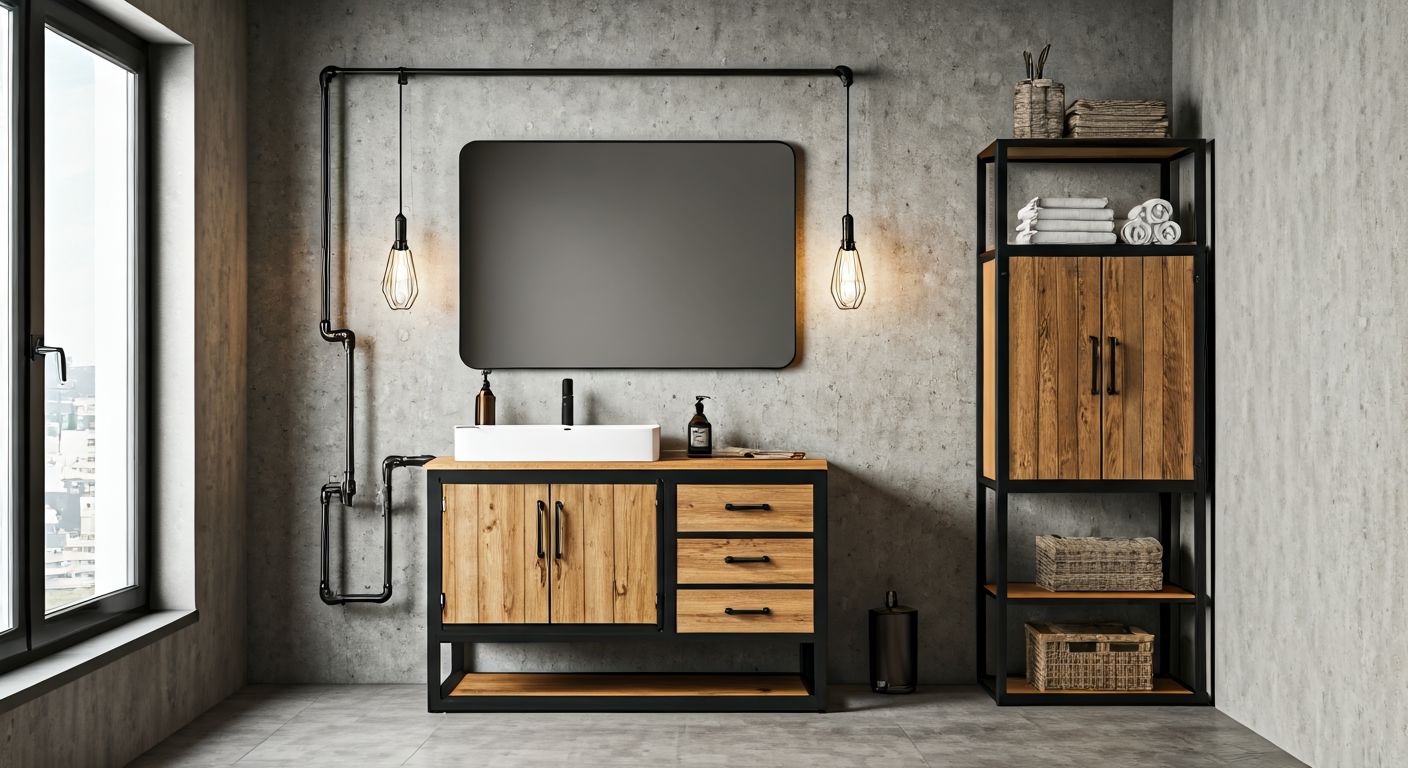 Лофт-ванная с бетонными поверхностями и мебелью