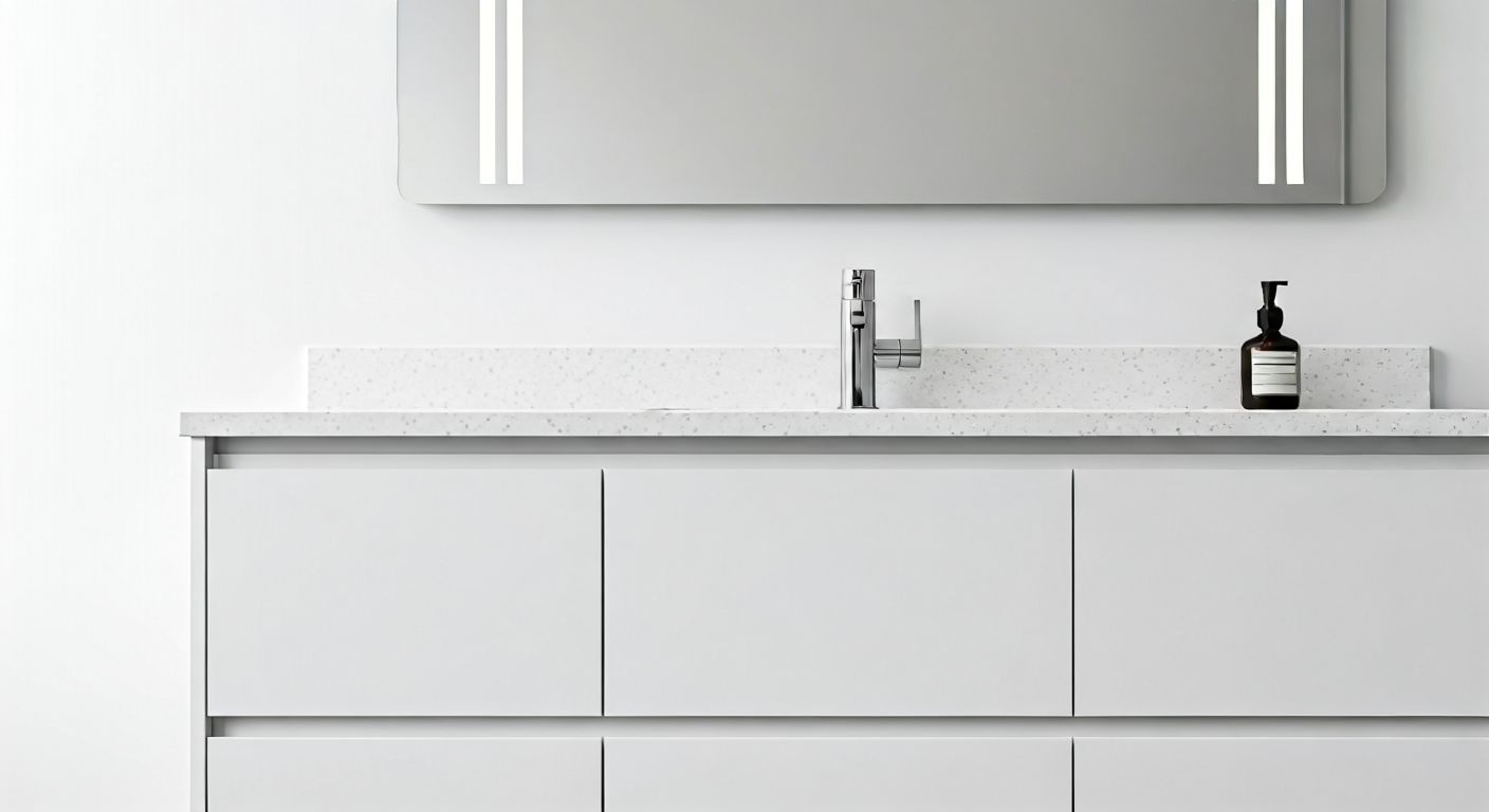 Минималистичная ванная с подвесной тумбой и столешницей