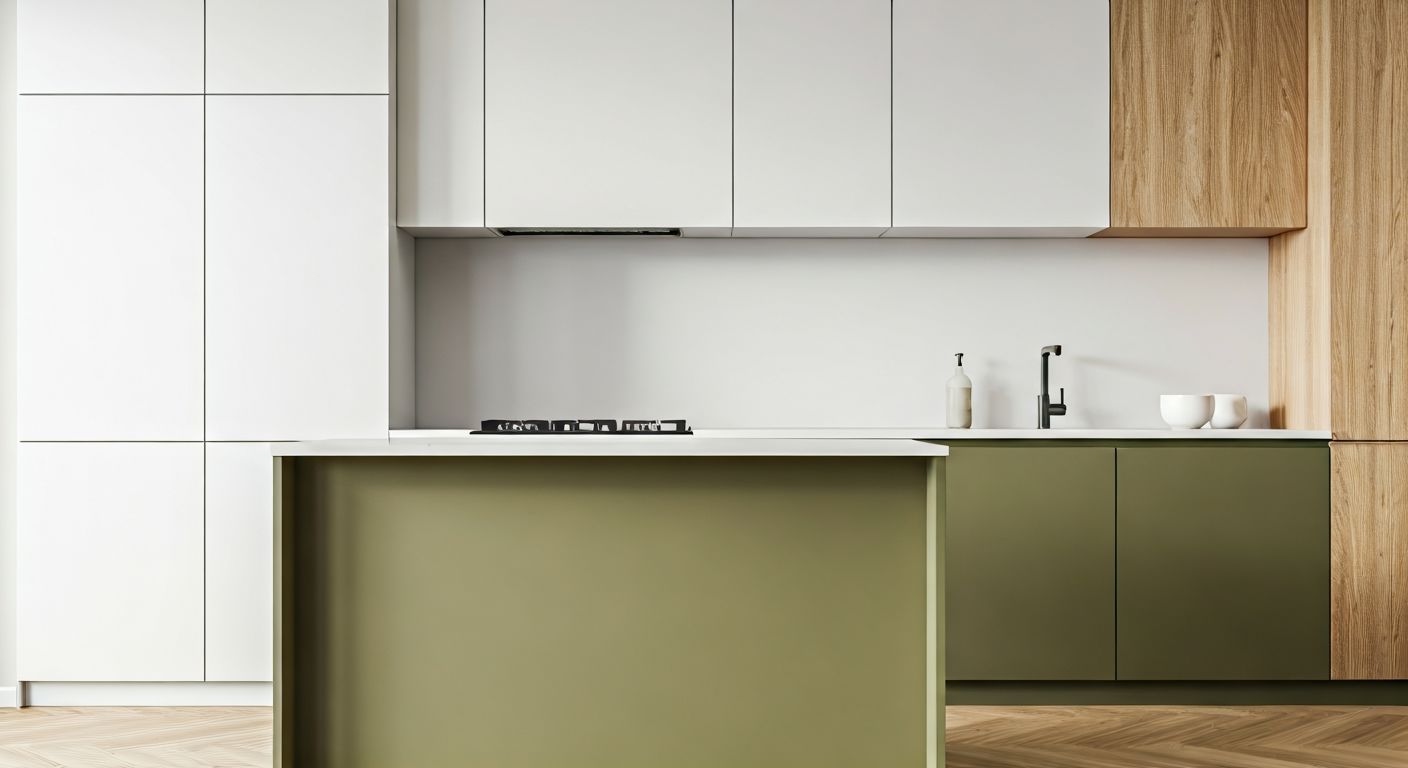 Кухня с белыми и деревянными фасадами