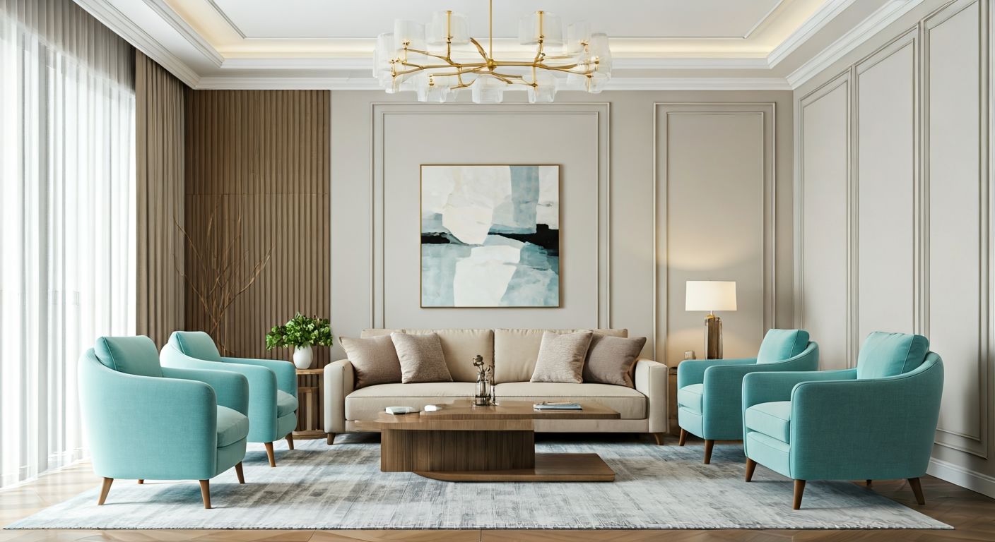 Роскошная гостиная с разноцветной мебелью