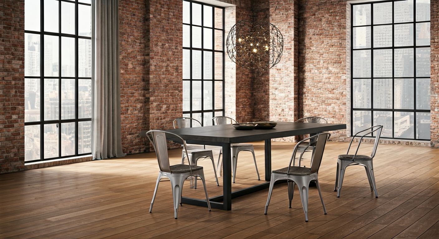 Лофт-столовая с тёмным столом и стульями