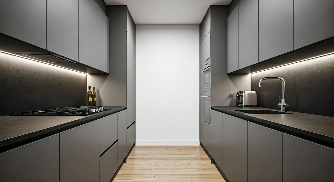 Двухрядный современный кухонный гарнитур с серыми фасадами