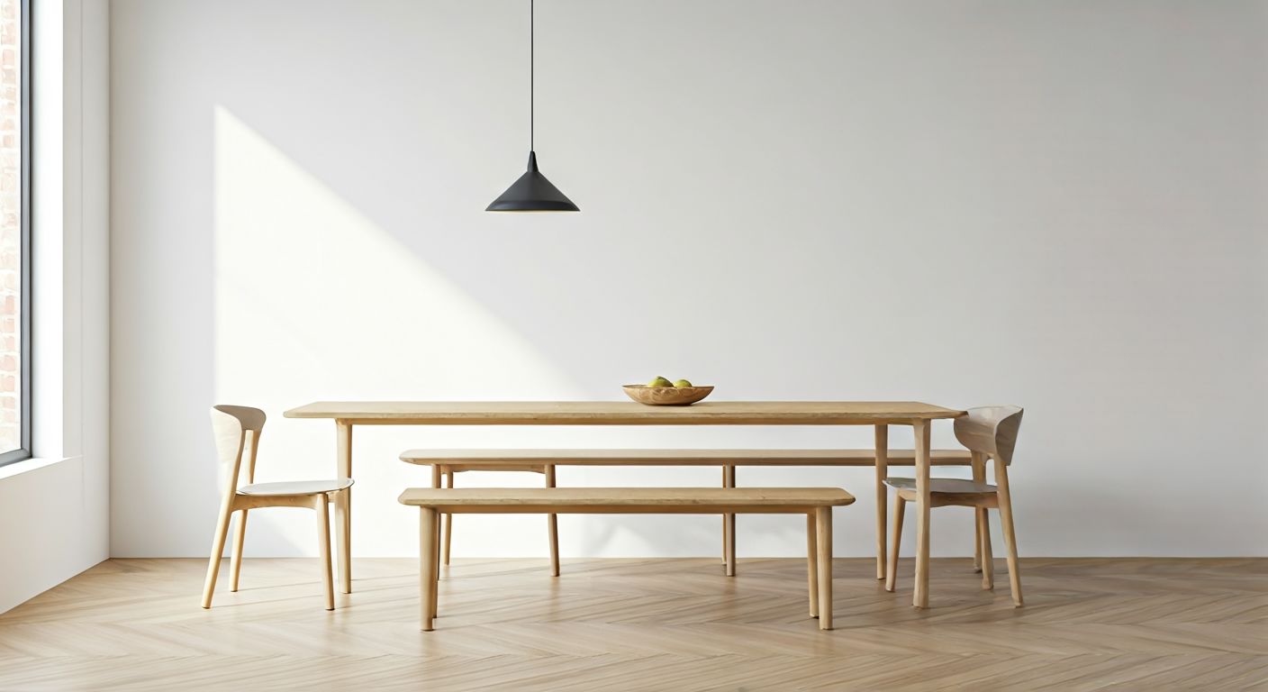 Обеденный стол у окна под подвесным светильником