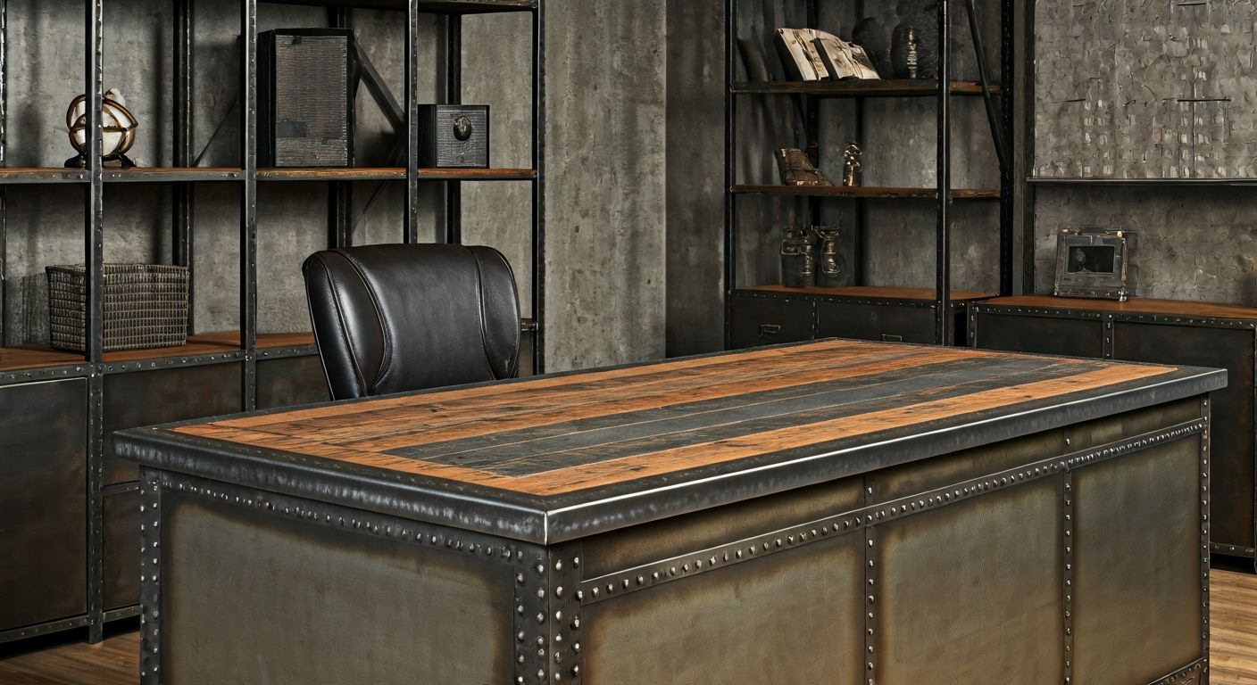 Лофт-кабинет с бетонными стенами и металлической мебелью