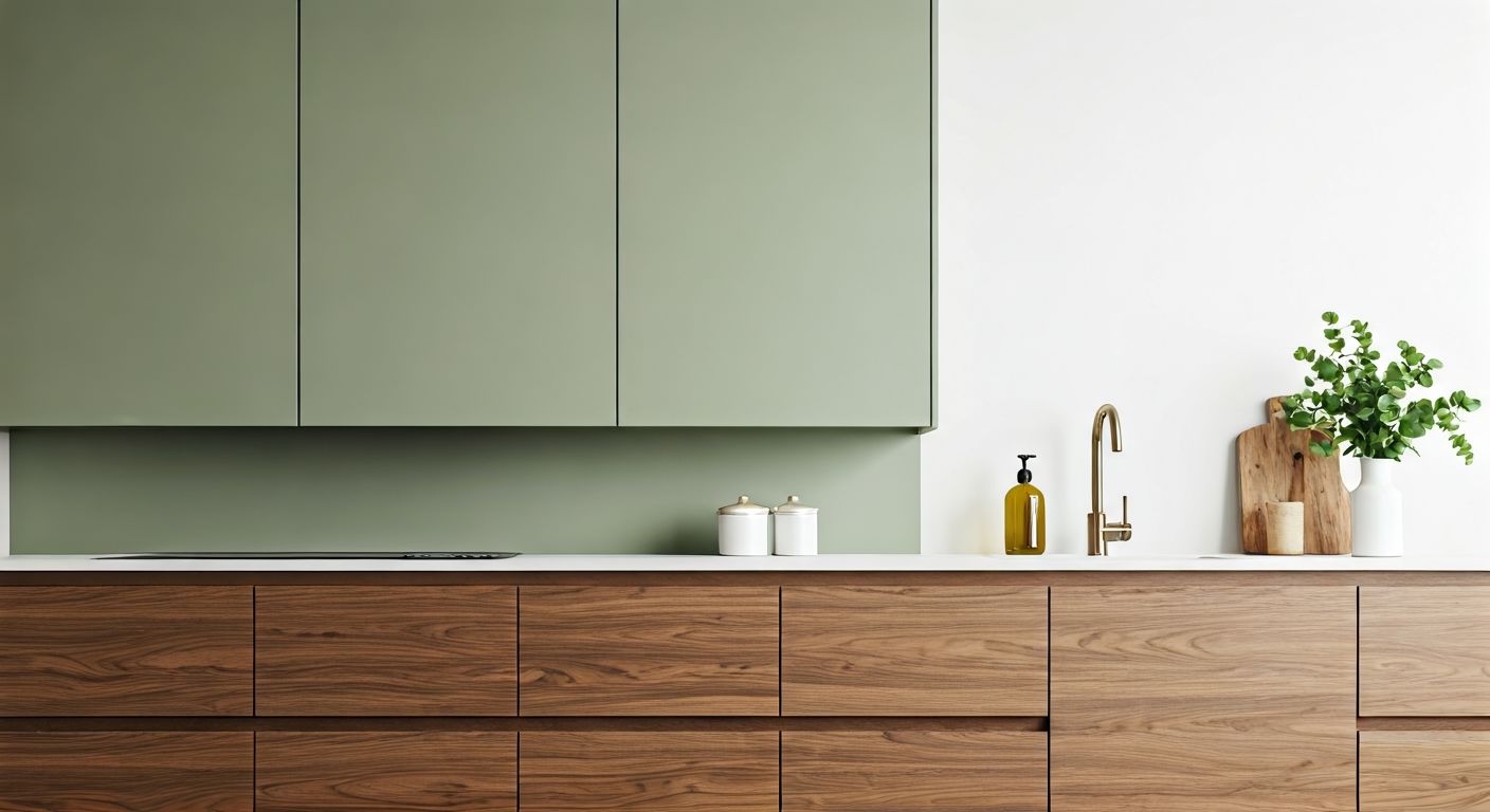 современная кухня зелёные и ореховые фасады