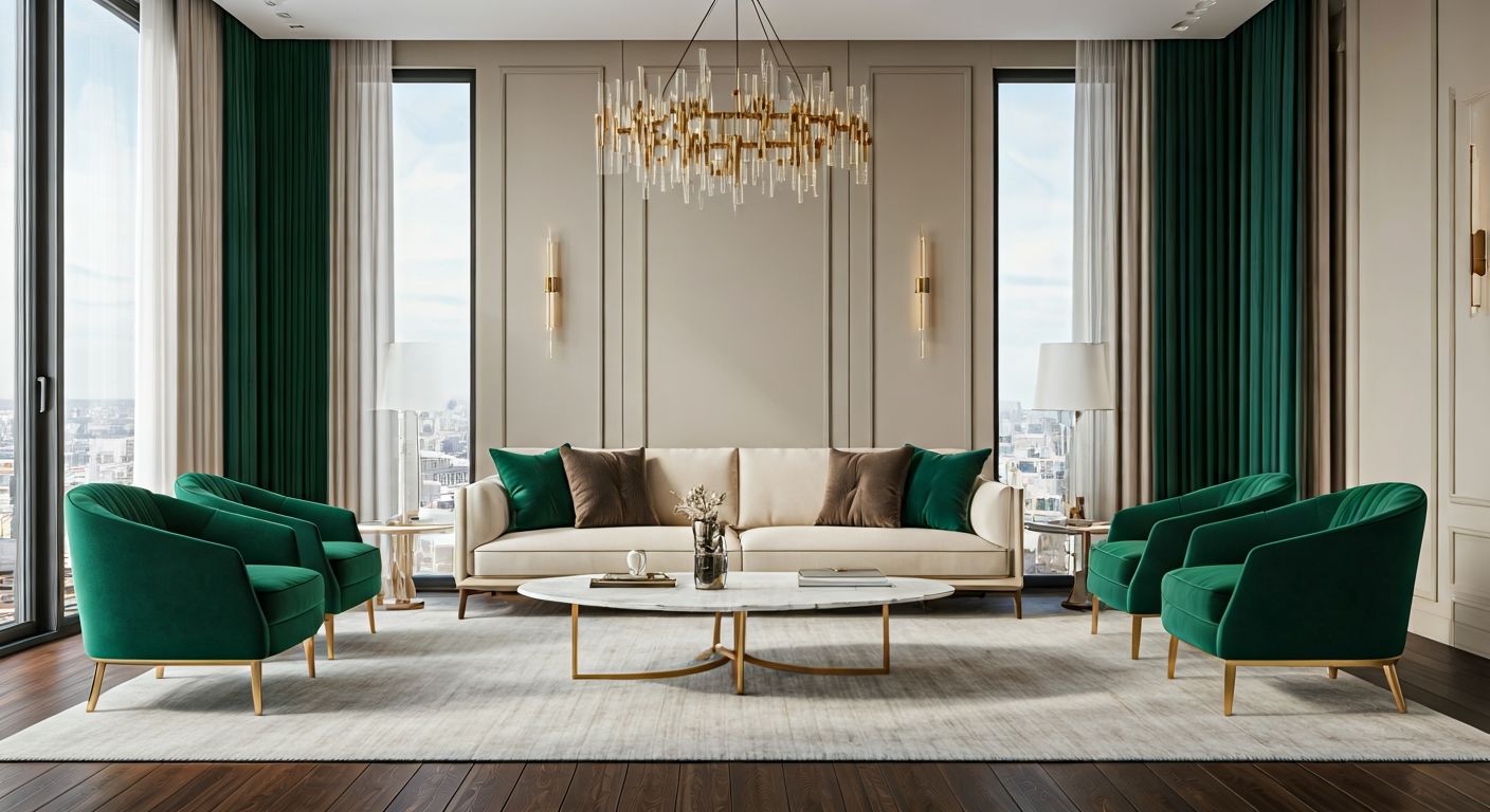 Роскошная гостиная с бежевыми и изумрудными акцентами