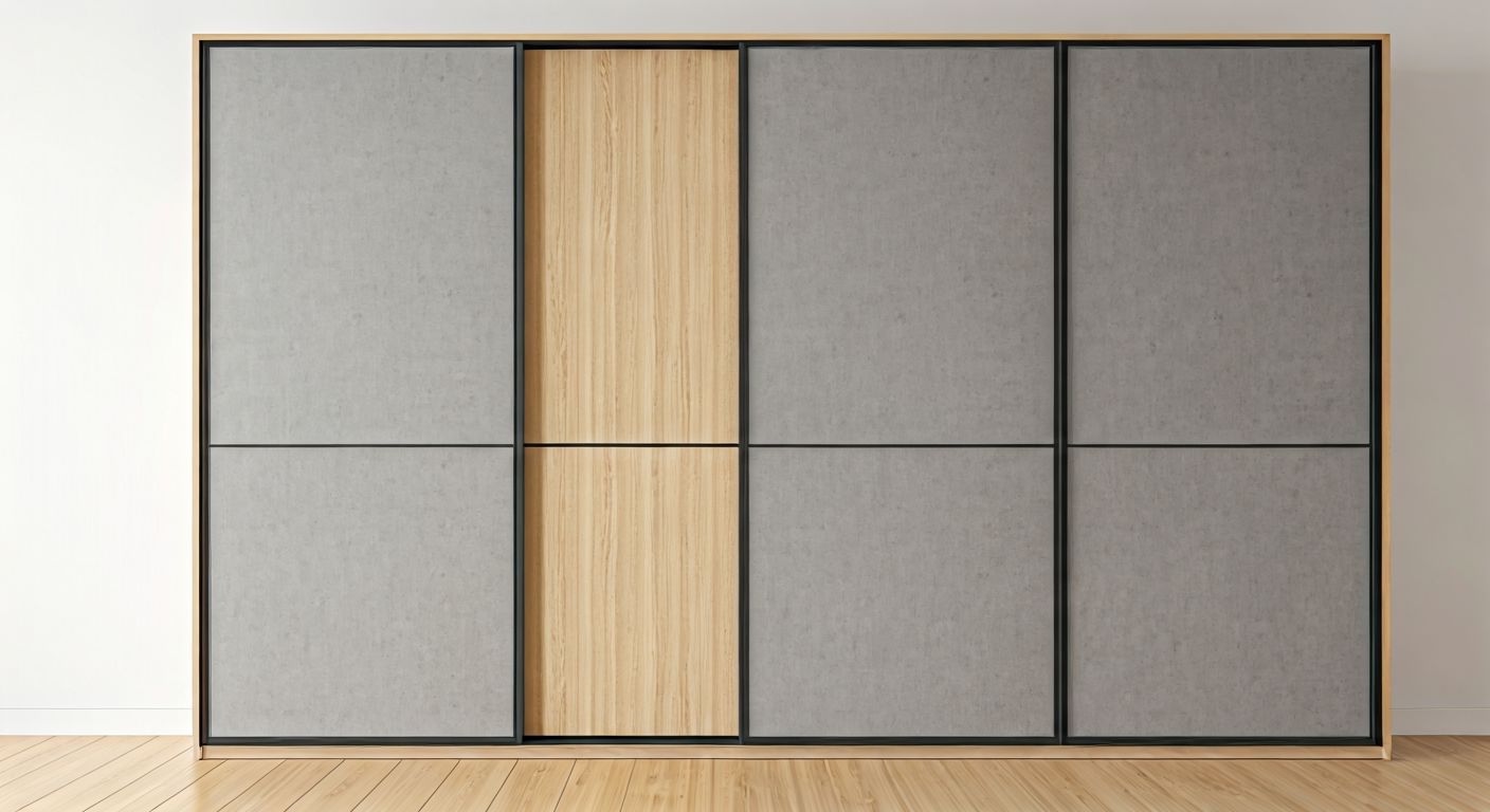 Угловой ракурс шкафа-купе с бетонным фасадом