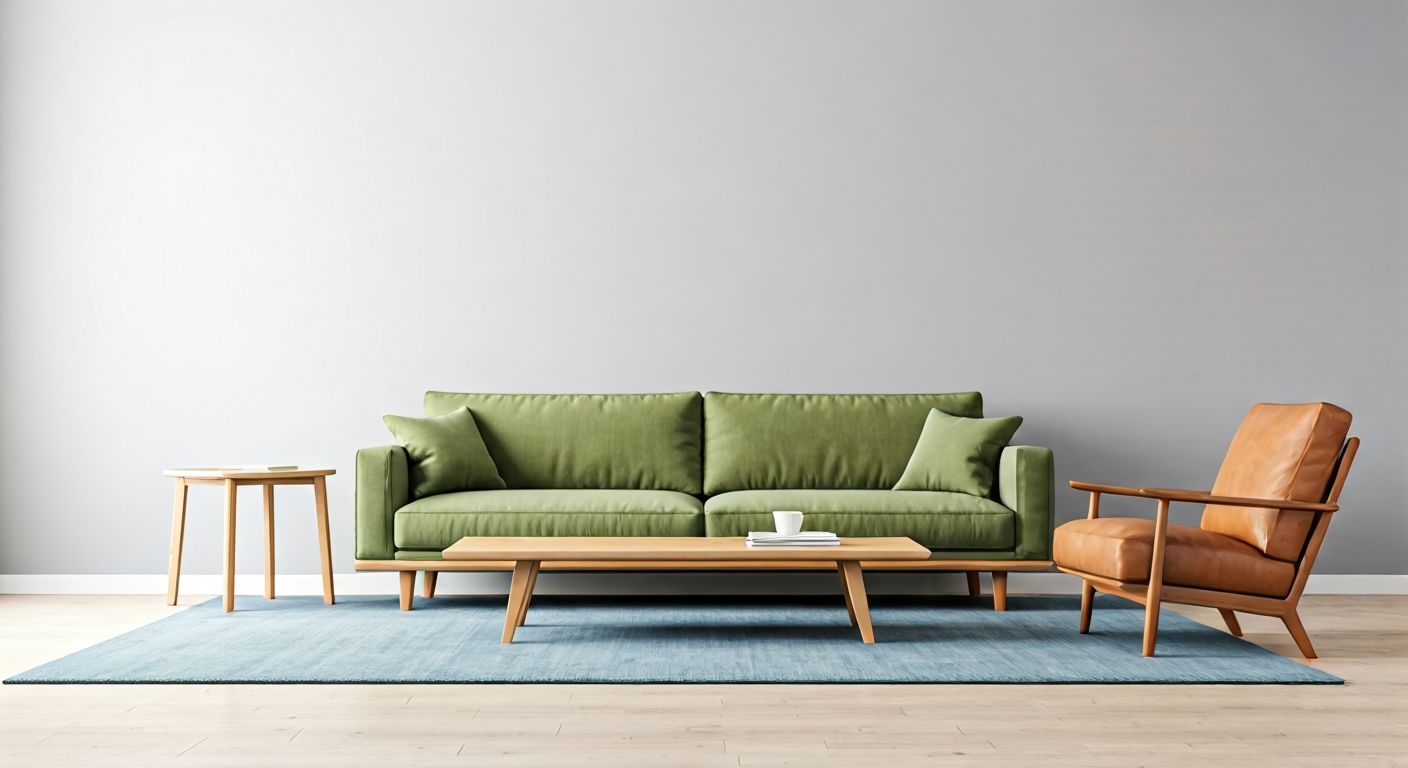 Гостиная в стиле mid-century с зелёным диваном
