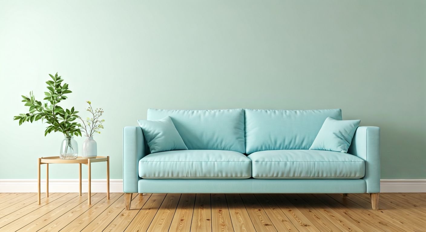 Голубой диван в компактной гостиной