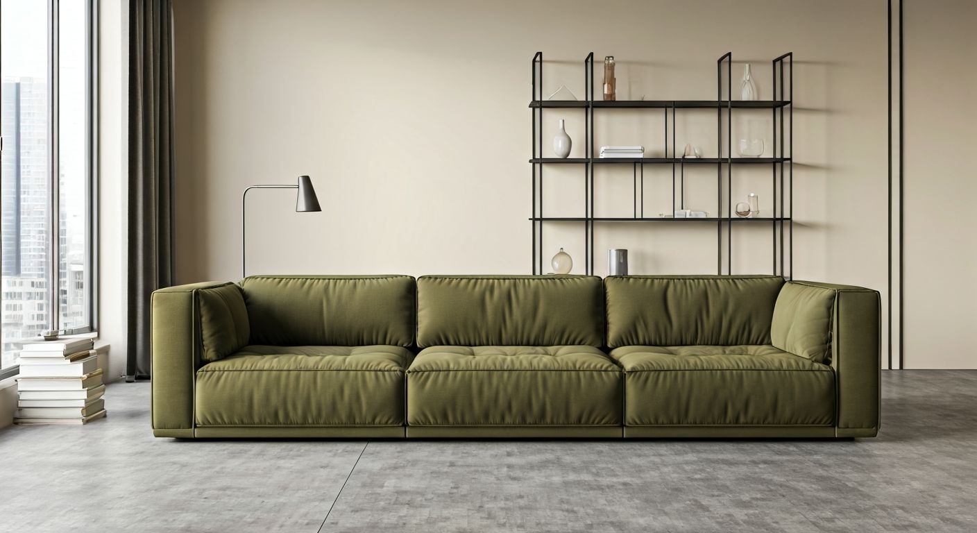 Оливковый диван в зонированном интерьере