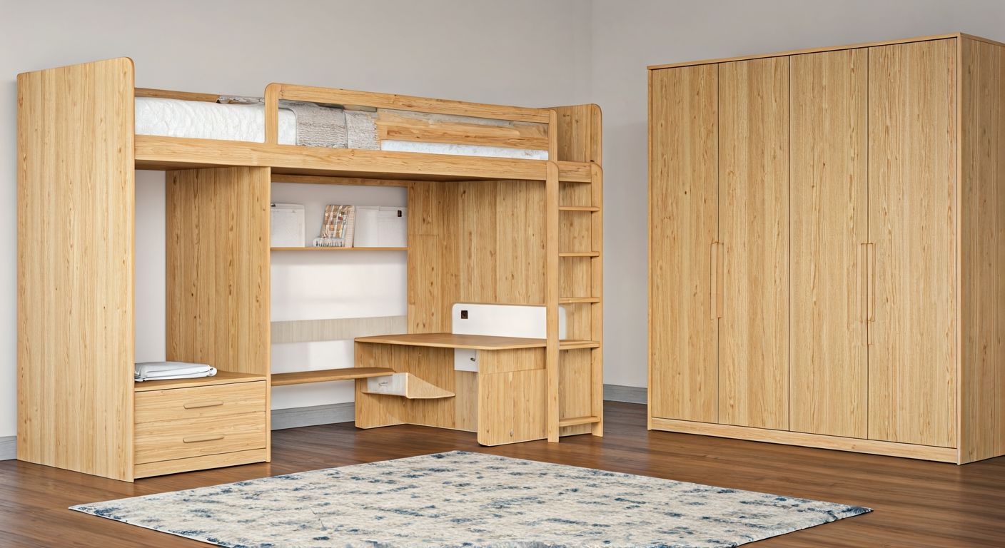 Роскошный общий вид кровати-чердака со столом и шкафом