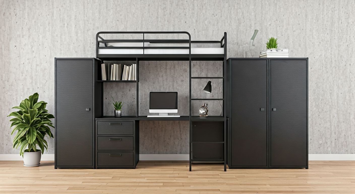 Лофт-стиль кровати-чердака с мебелью и рабочей зоной