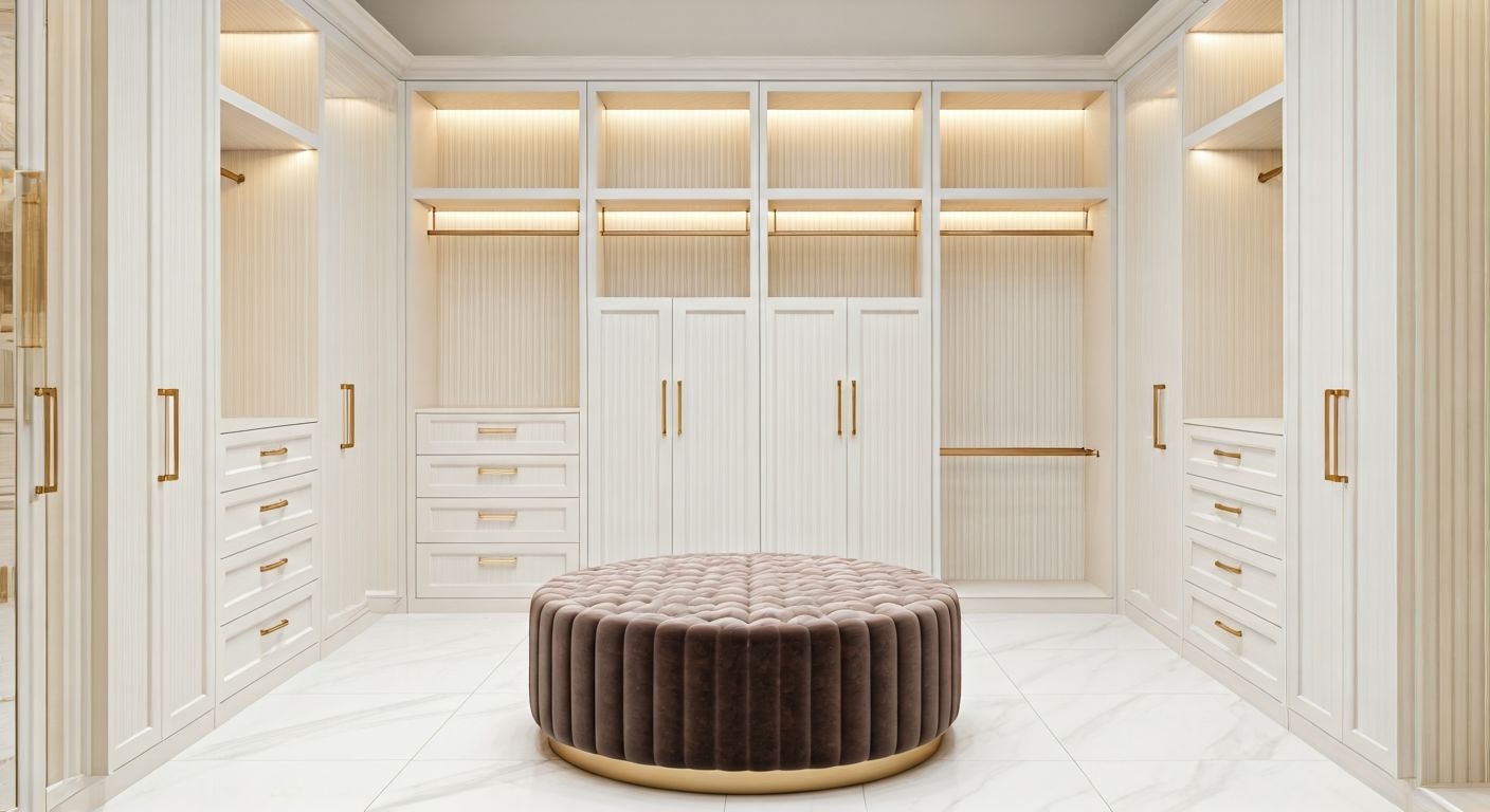 роскошная U-образная гардеробная с пуфом
