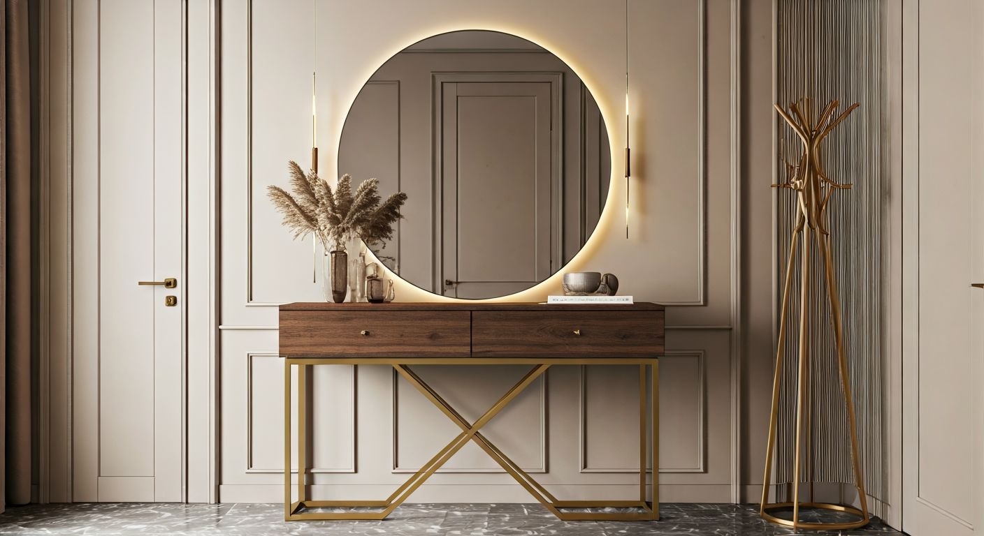 роскошная прихожая с круглым зеркалом
