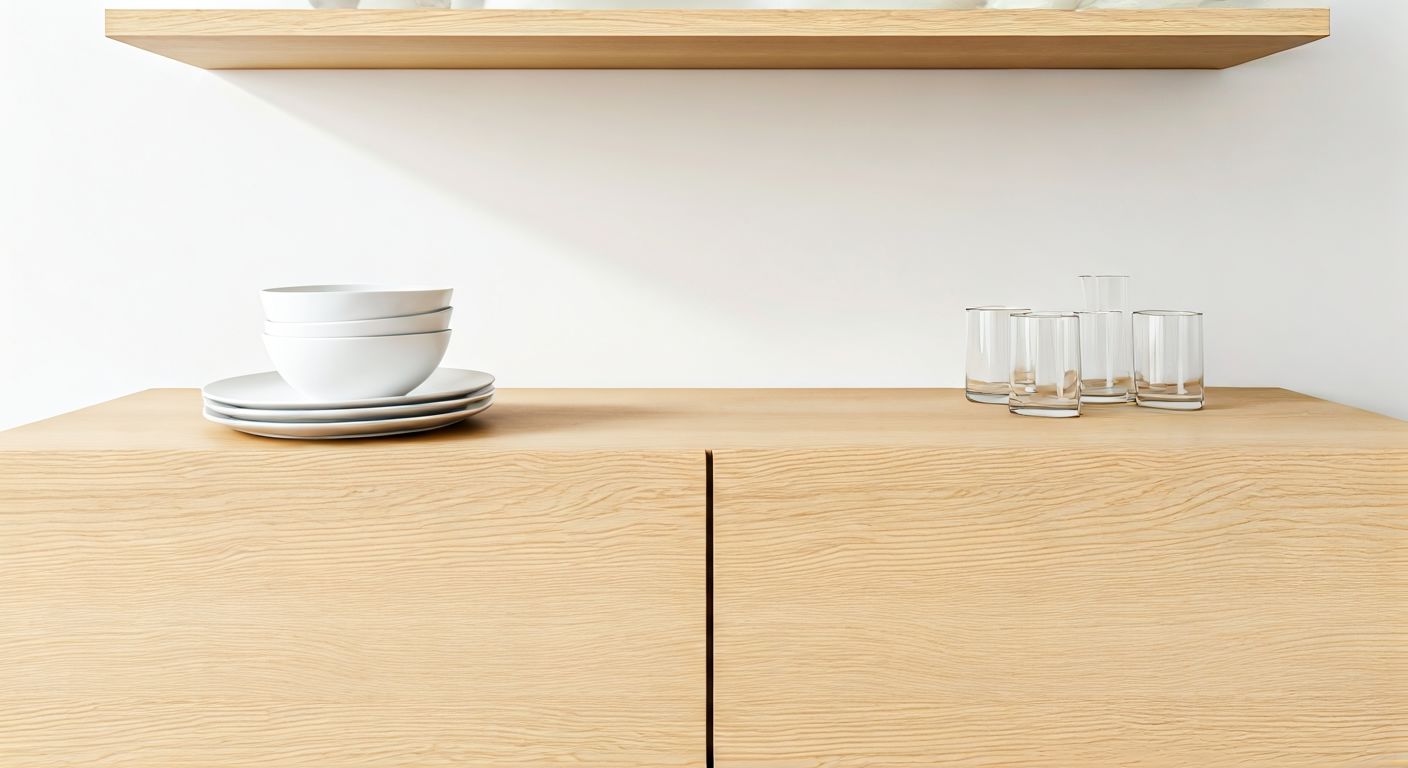 Скандинавский сервант с белой посудой