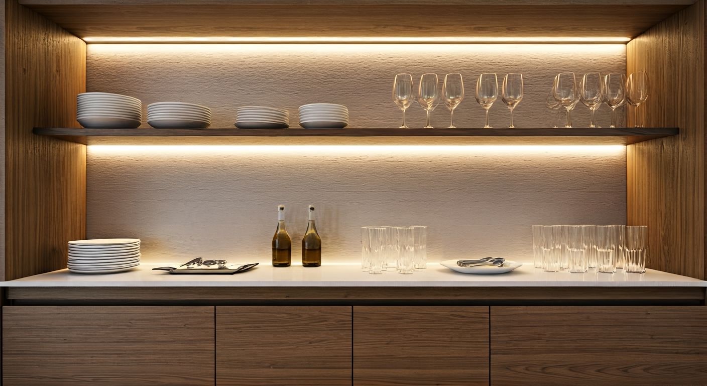 открытый буфет с аккуратной расстановкой посуды