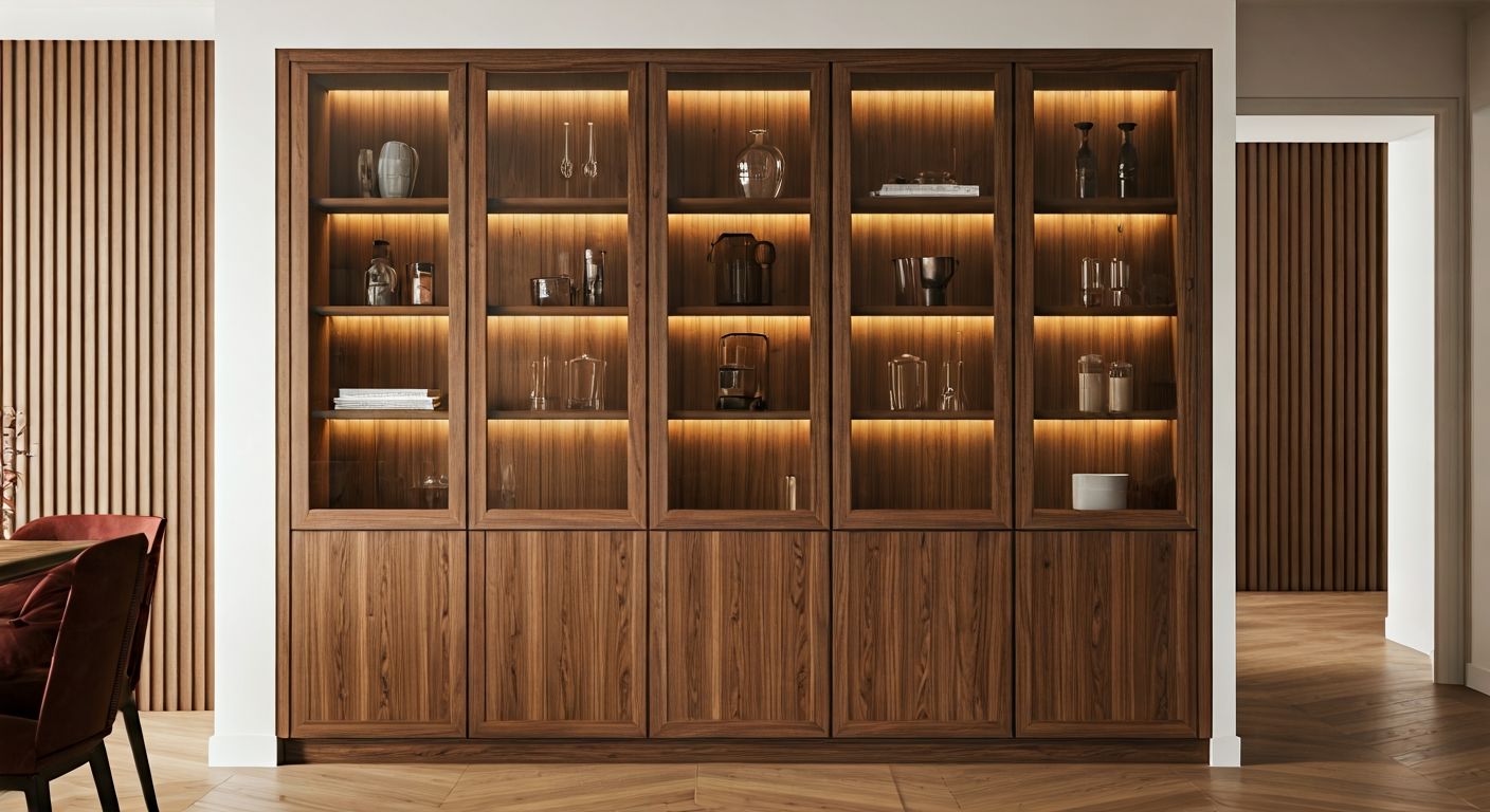Встроенная ореховая витрина под нишу