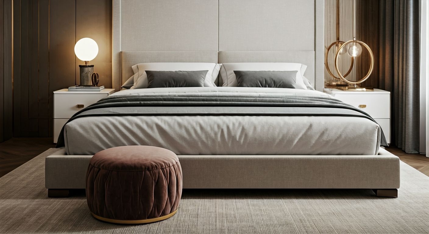 Роскошный круглый бархатный пуф у кровати