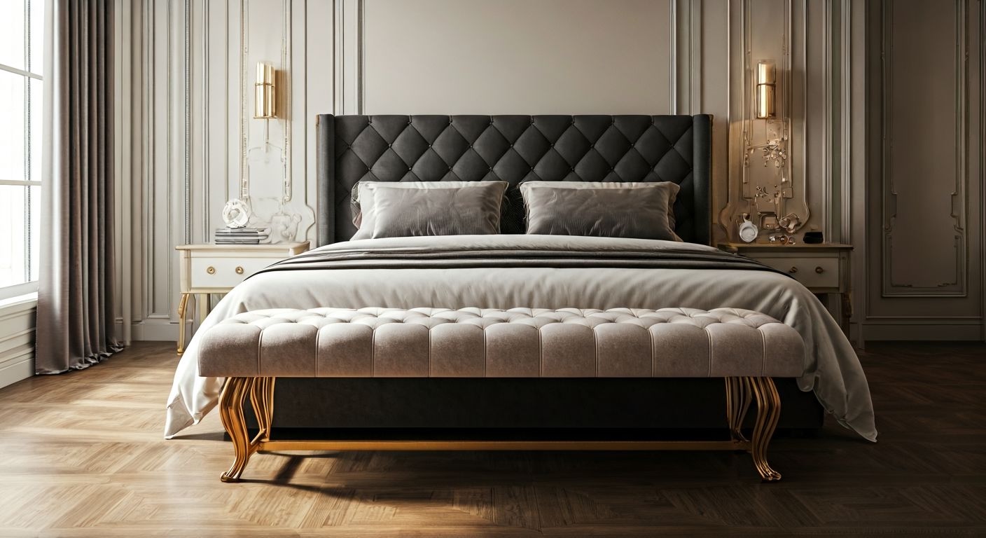 Роскошный бархатный пуф у изножья кровати