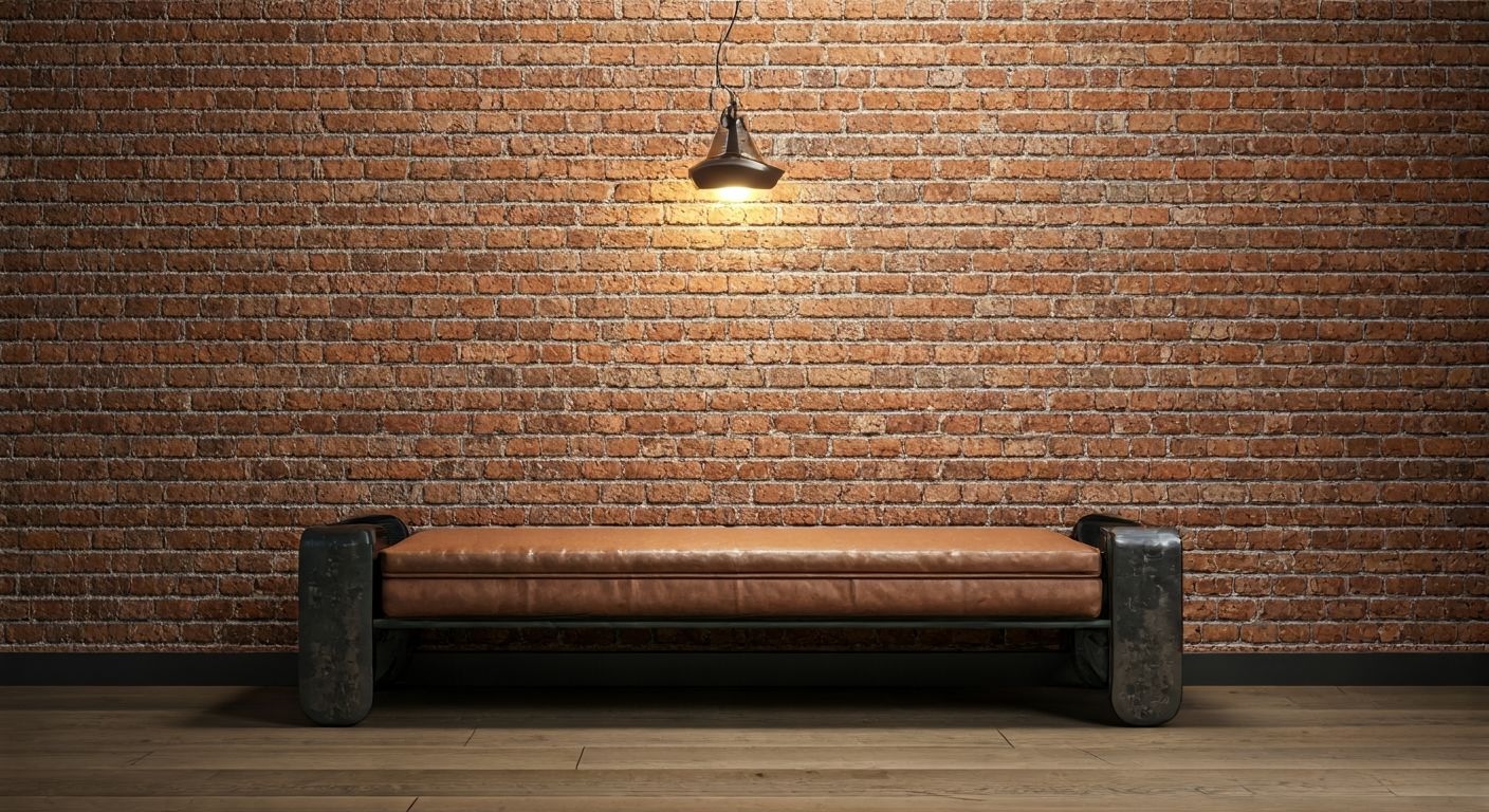 Индустриальная банкетка на фоне кирпичной стены