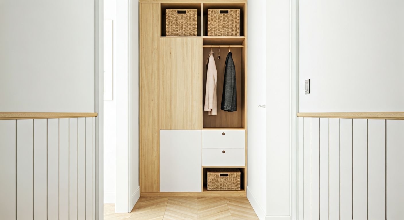 Скандинавская открытая гардеробная в узкой прихожей спереди