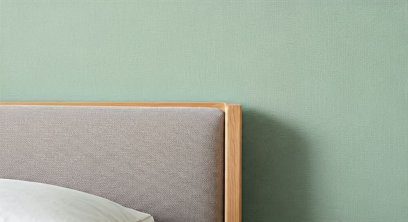 Деталь кровати и текстурные пастельные обои