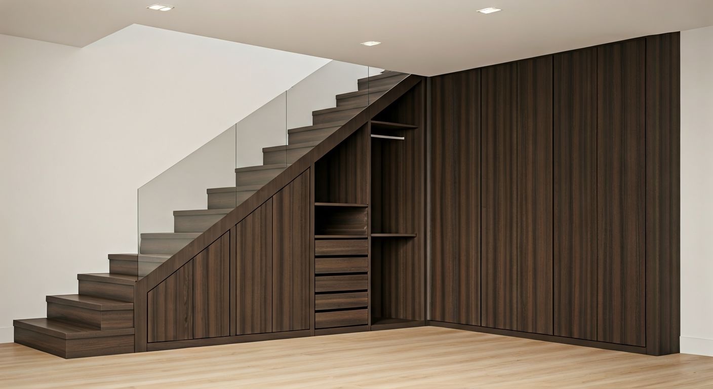 Встроенный шкаф под лестницей из дерева