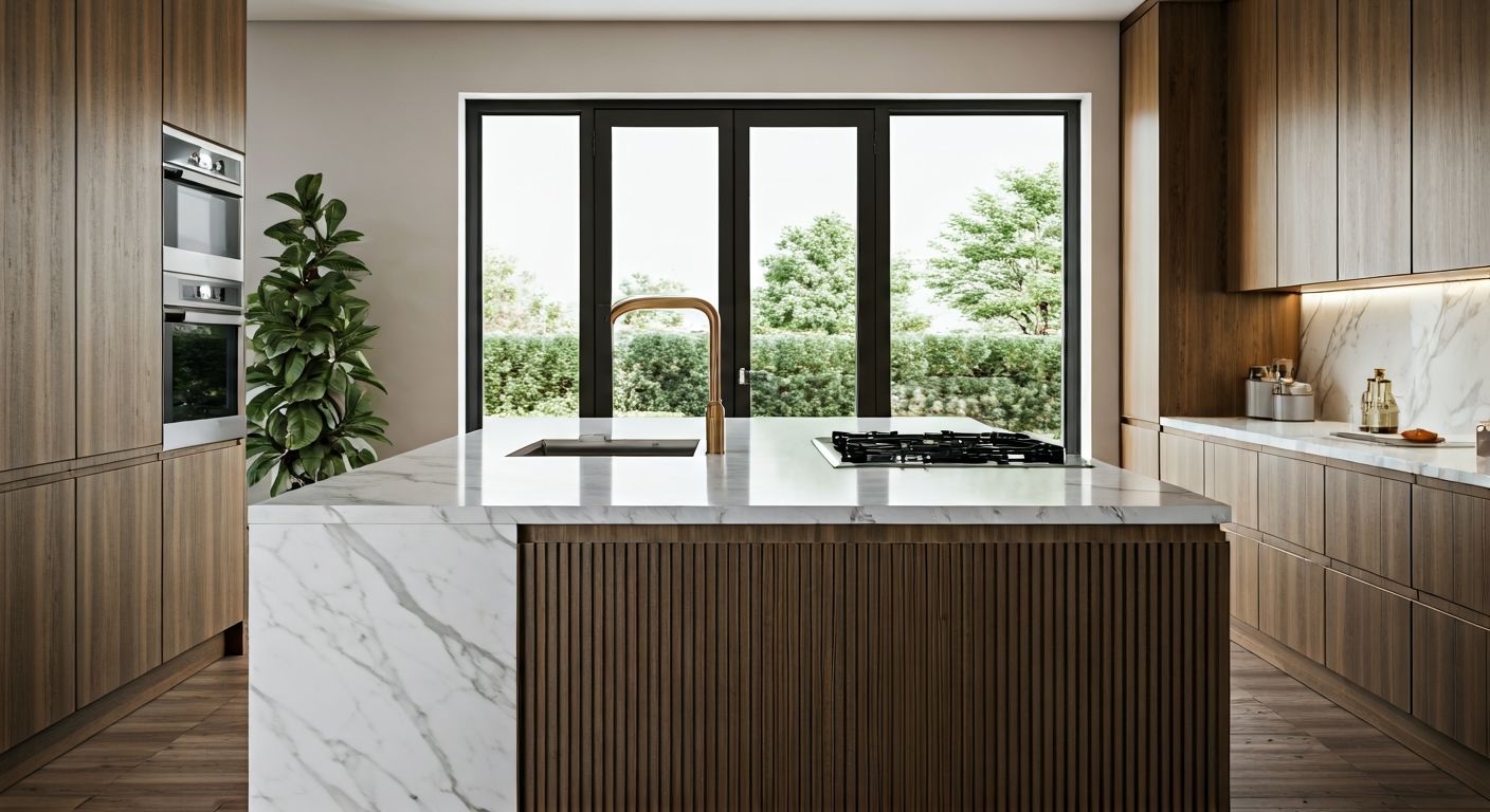 роскошный кухонный остров в просторной кухне