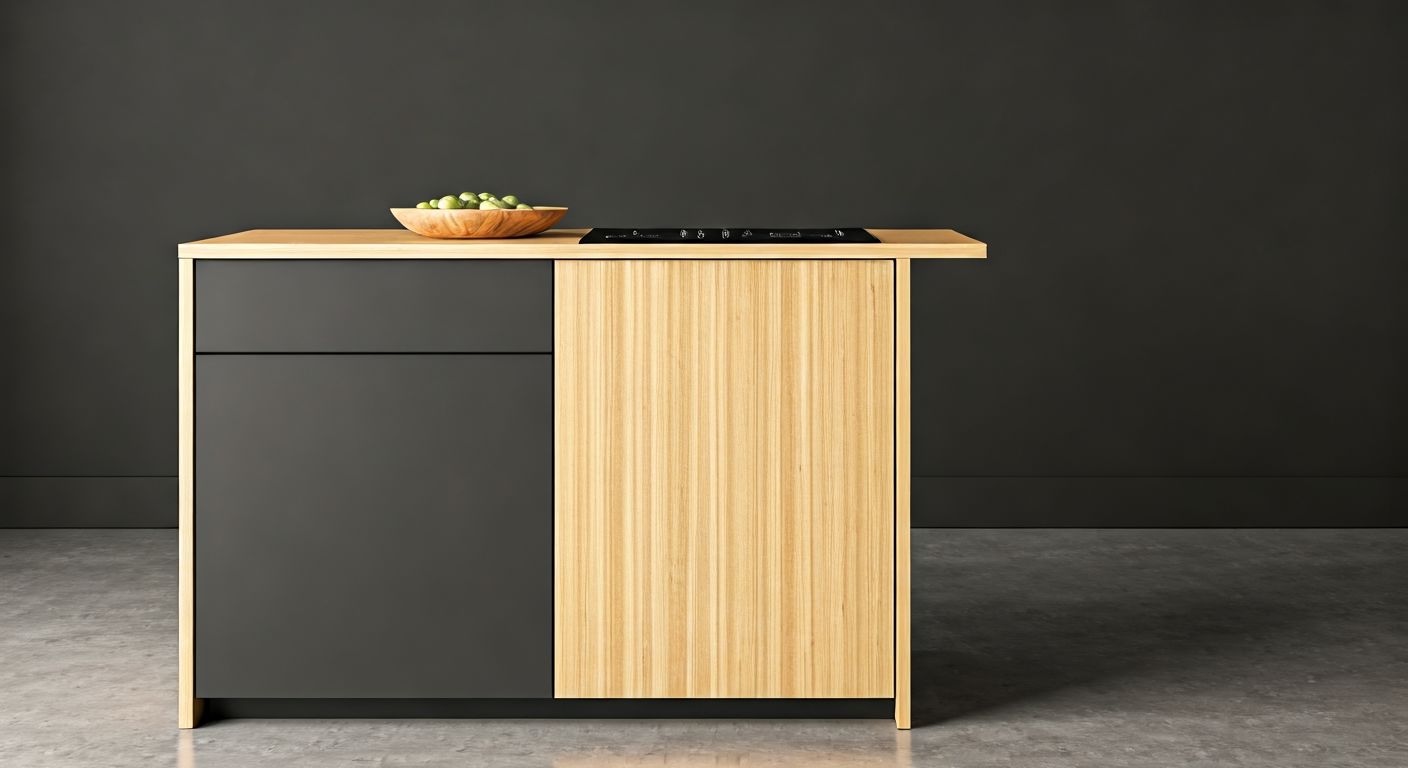 боковой вид острова с варочной панелью и ящиками