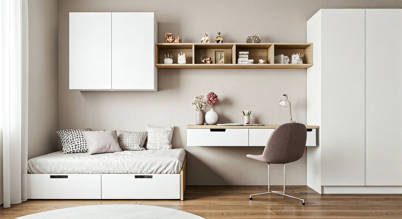 минималистичная комната с навесными шкафами