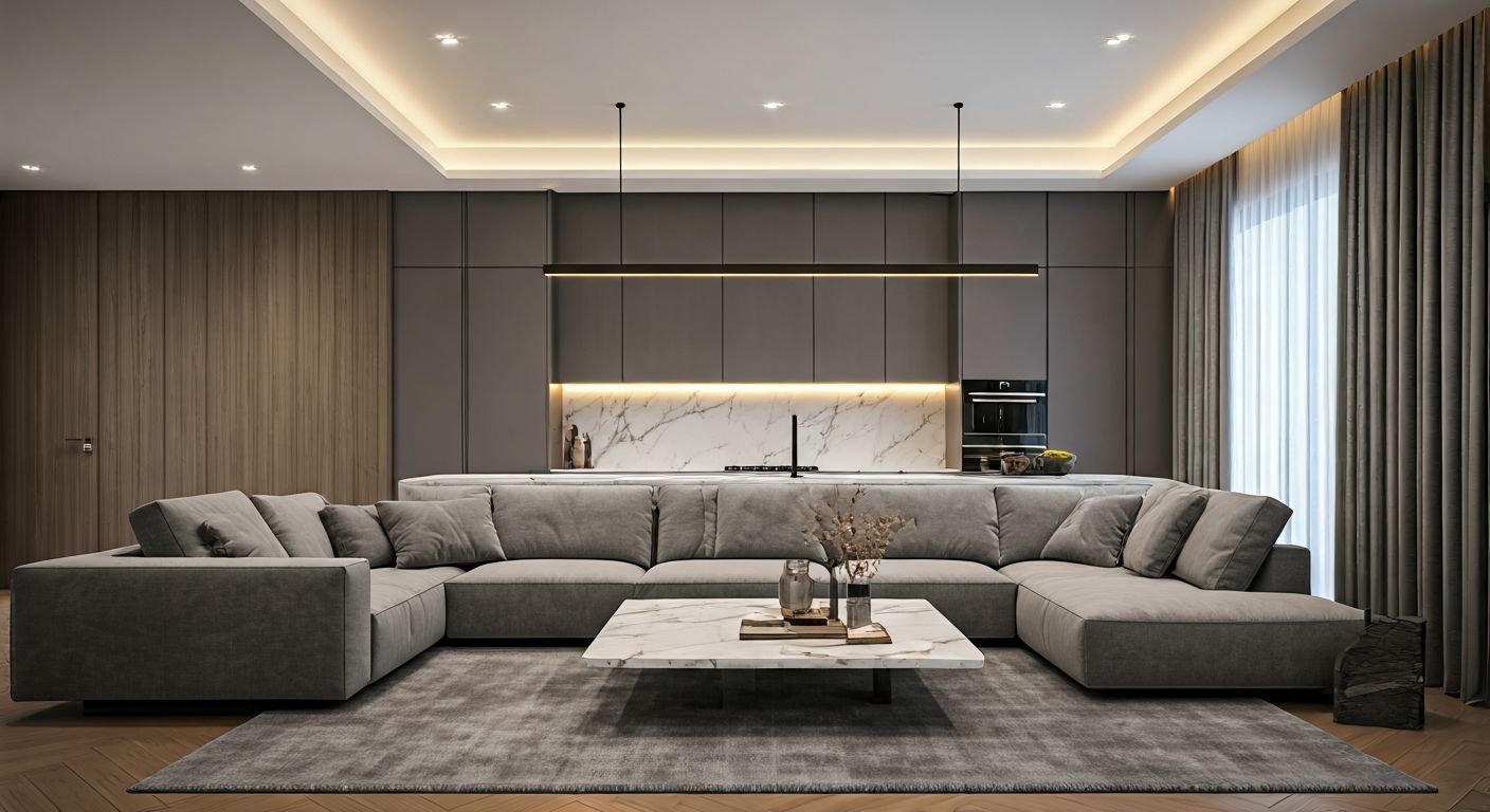 Роскошная гостиная-кухня с зонированием