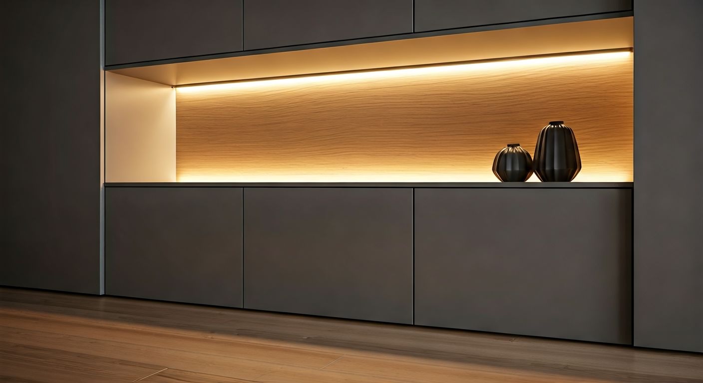 Деталь подсветки встроенной мебели гостиной