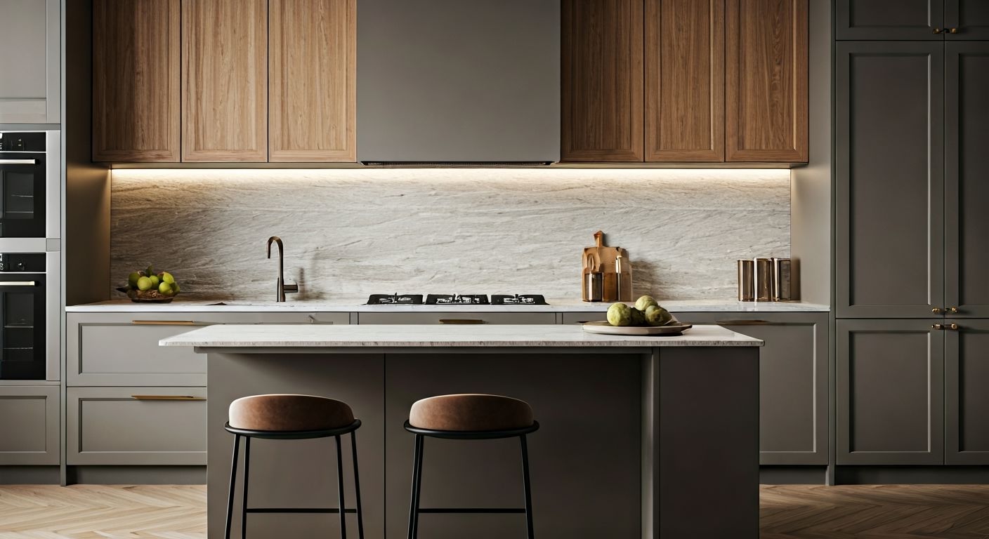 роскошная современная кухня с островом и барной стойкой