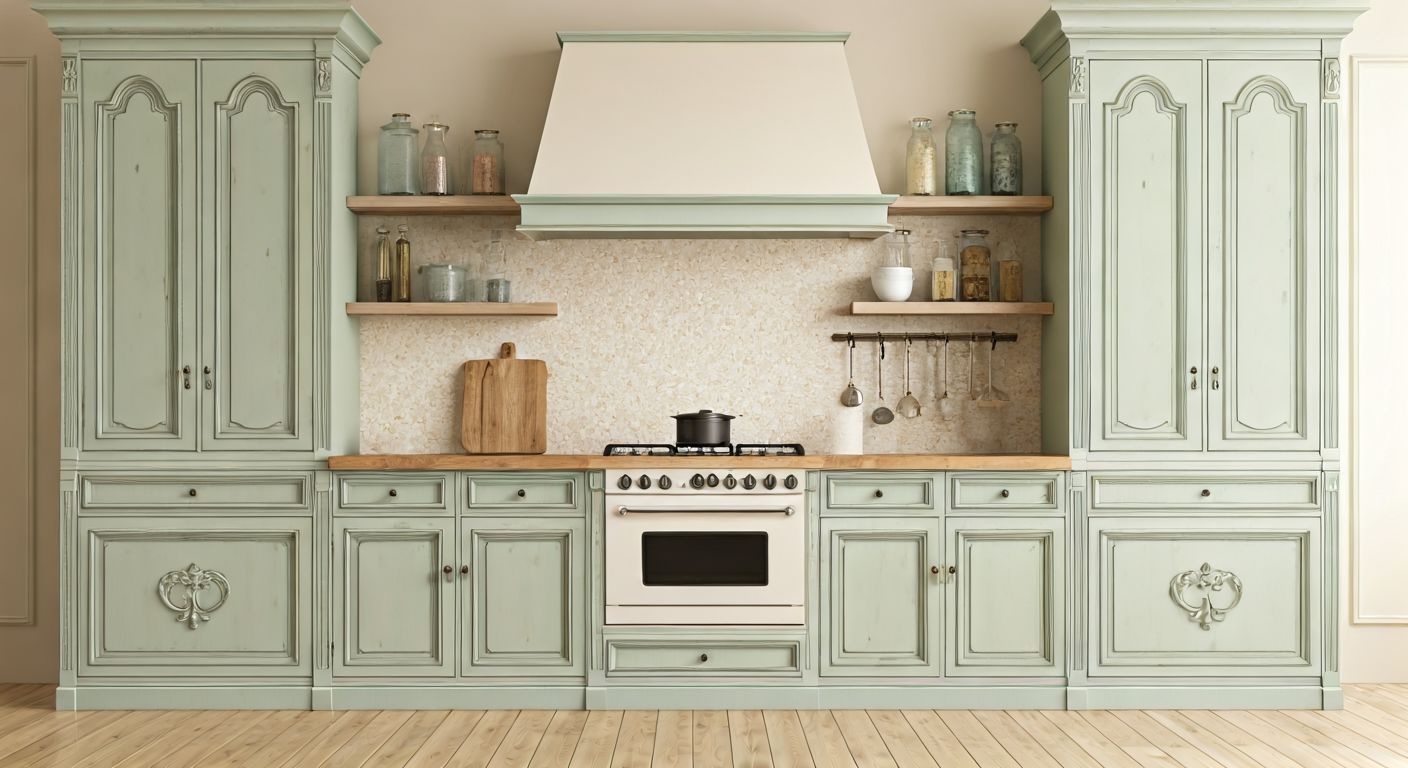 уютная прованс-кухня с зелеными фасадами