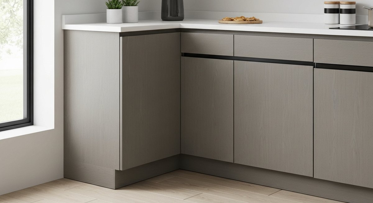 Диагональный верхний угловой кухонный шкаф в минималистичной кухне, демонстрирующий умное хранение и органичную интеграцию.