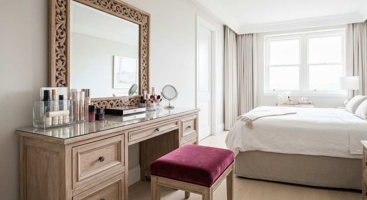 Роскошный туалетный столик в элегантной спальне с большим зеркалом и бархатным пуфом.