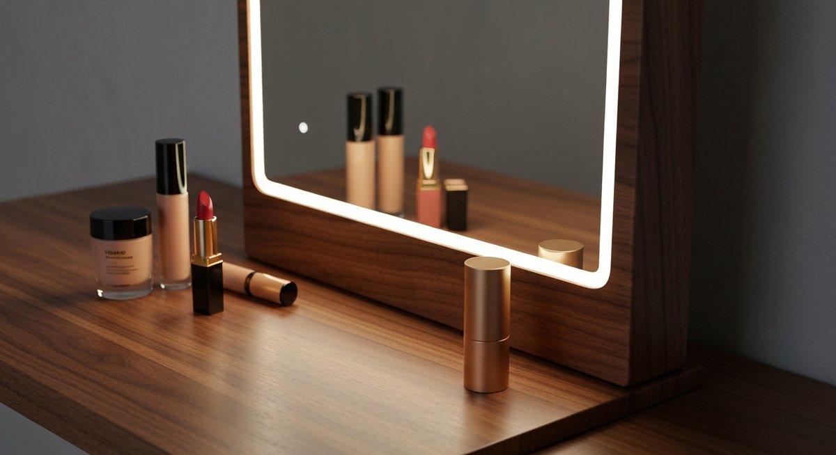 Средний план шикарного туалетного столика с подсвеченным зеркалом и стильным дизайном.