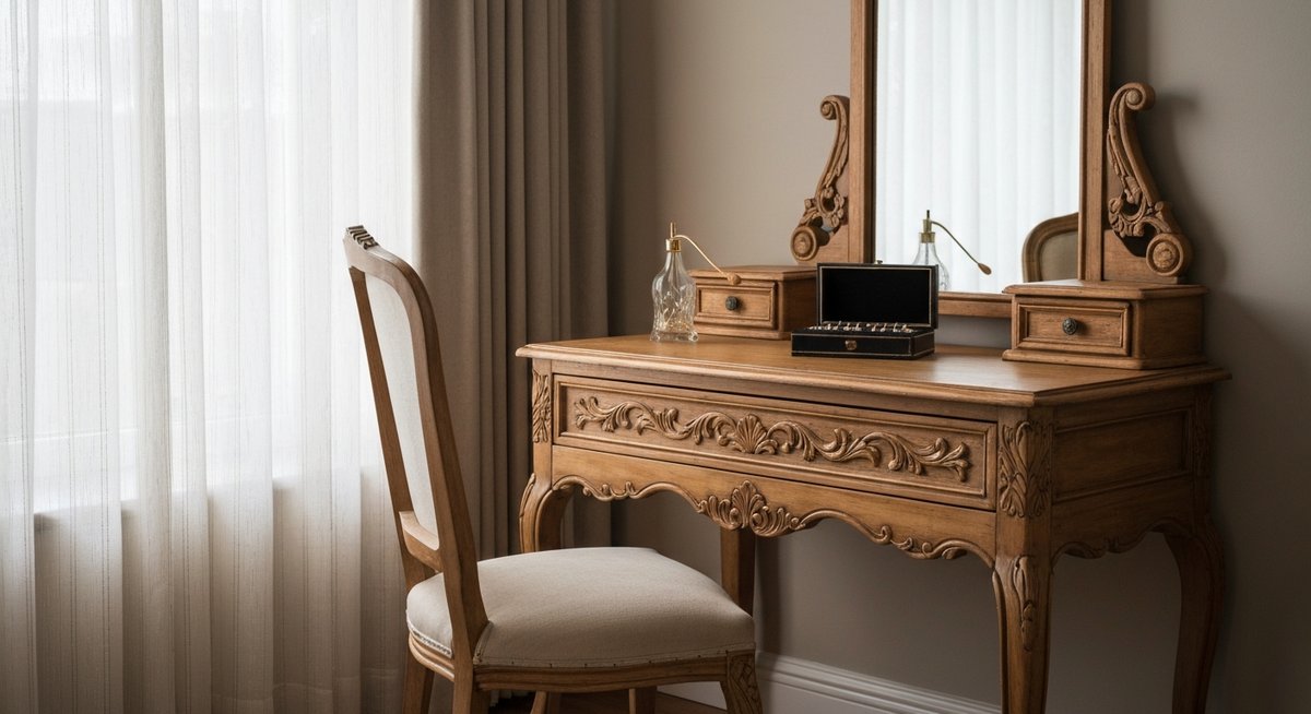 Уютная зона с деревянным туалетным столиком и стулом, винтажными аксессуарами и мягким светом.