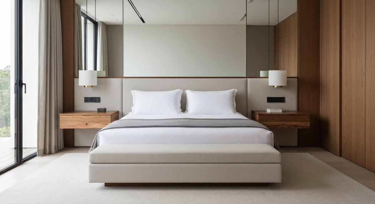 Роскошная современная спальня с элегантными подвесными прикроватными тумбами из натурального дерева.