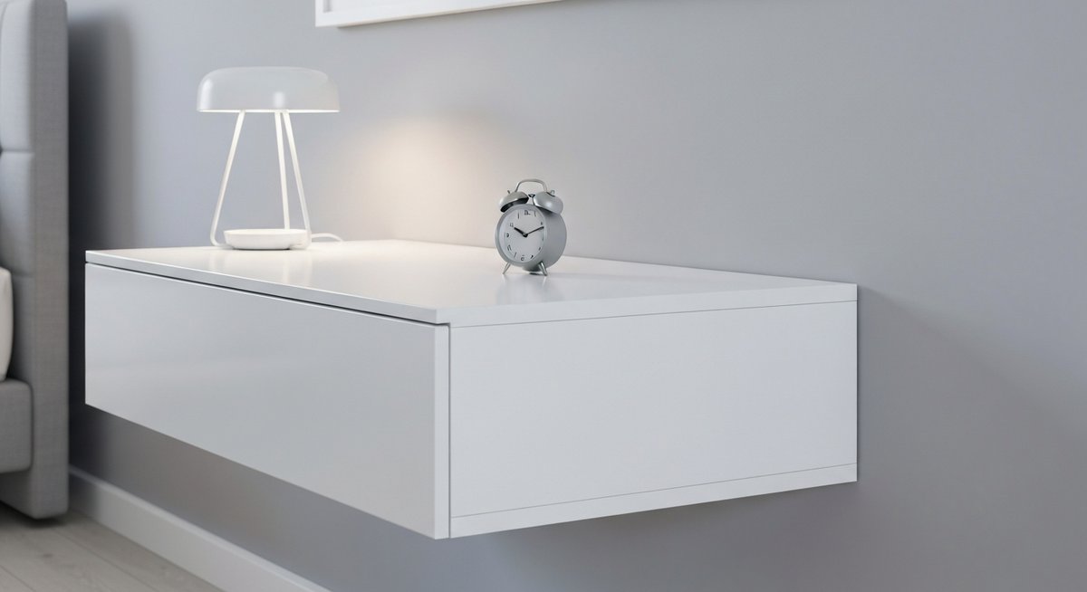 Детальный снимок стильной белой глянцевой подвесной прикроватной тумбы с минималистичными предметами.